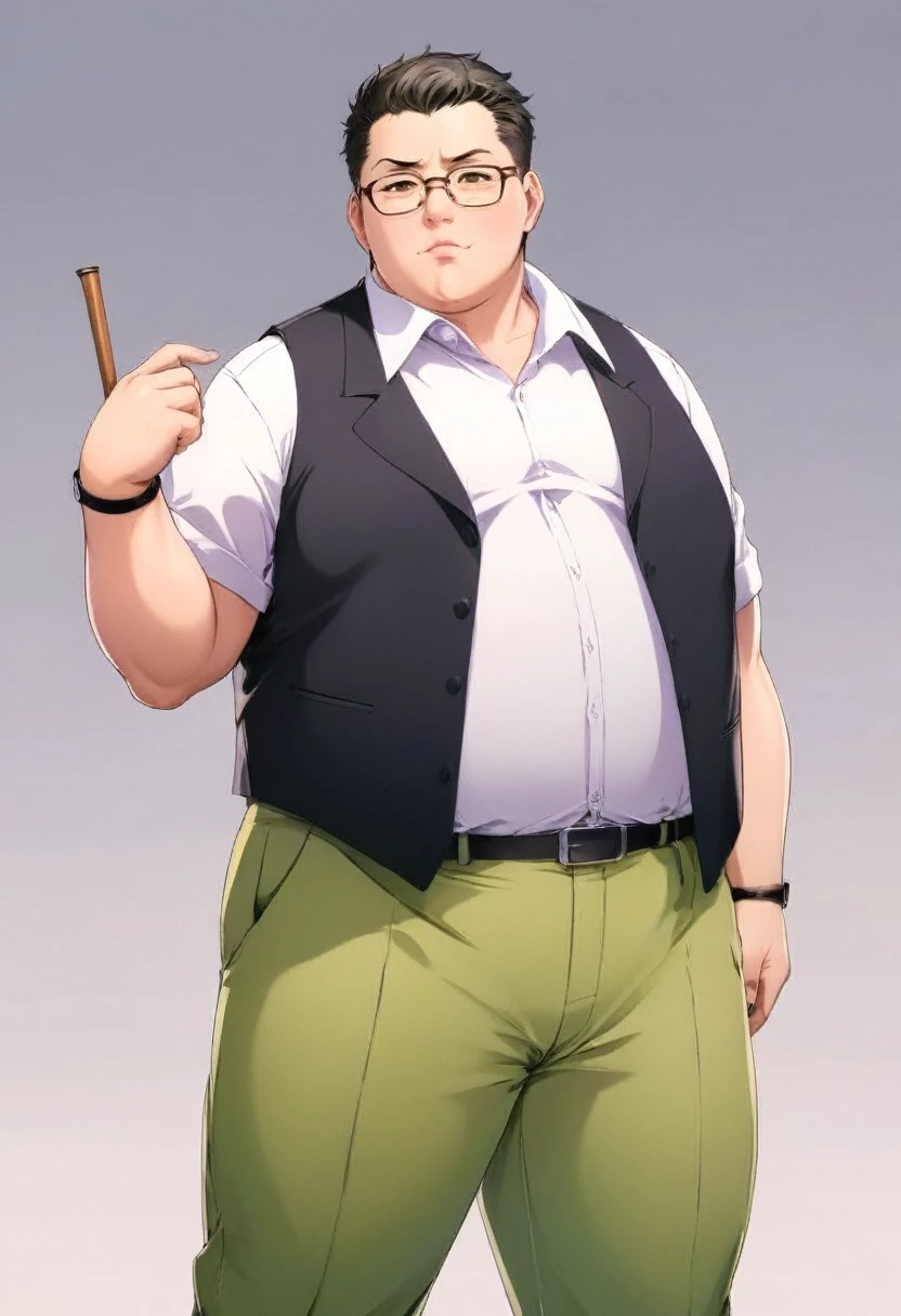 (full  body:1.1)、Anime artwork of a short, fat man wearing a sleeveless vest and sleeveless shirt and carrying a cane、Short Hair、Plump body, Anime Manga Girl Style, Anime Style, Key Visual, Vibrant, Studio Anime,  Very detailed,Glasses、Facing forward