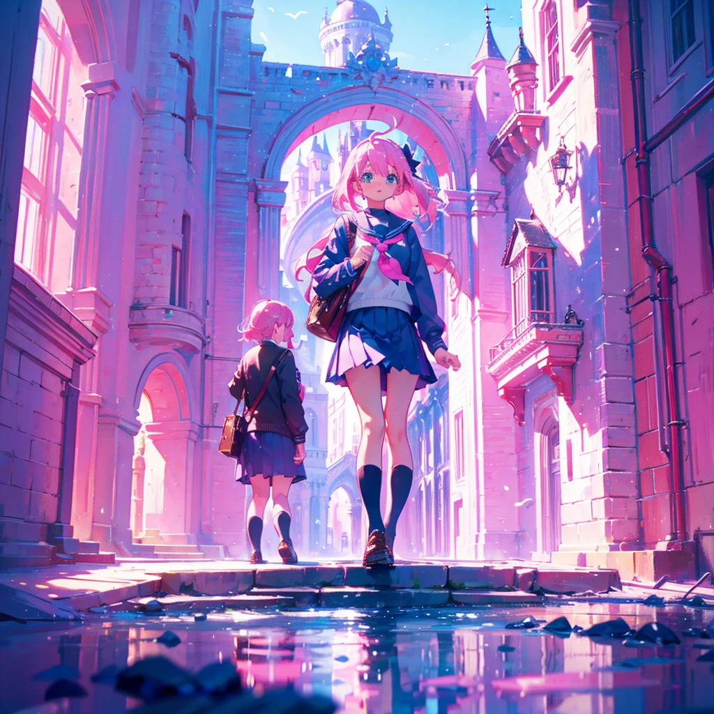 HD, 4K, A girl with PINK hair, school uniform, castle
