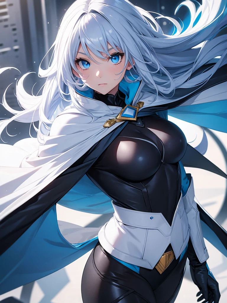 Hot girl, white air, blue eyes, black super hero clothes, blue glove, blue cape