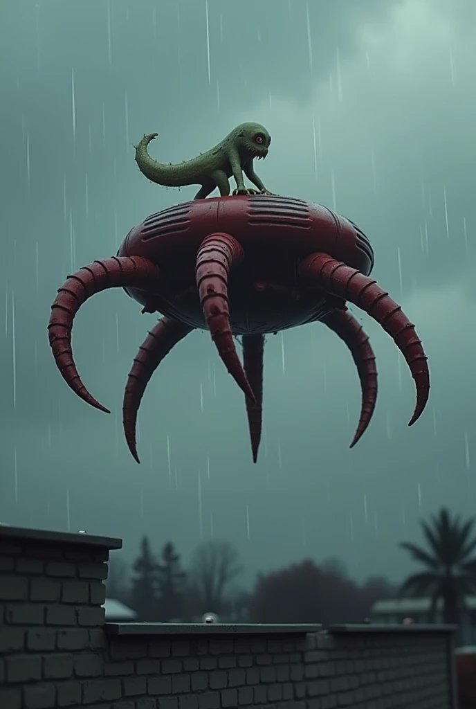 Photorealistic ufo sighting close encounter, starfish shaped small object, with background of gray red tones rainy cloudy sky, the sky is in dusk and is a tiny rain drops in the red tones cloudy sky, the body of flying starfish have a five hard rigid arms, the object have a dry starfish shape, the color of the object is dark red, the object are made of biological technology shapes, with rectangular patterns, the design of the shapes in the structure of ufo are similar to a dmt psychedelic trip, the arms of ufo have a starfish texture, on the top of ufo there is a living tentacle watching to the ground, the ufo is only visible from below, all the sighting ocurred in ny roof. In my roof there is a gray brick wall, above this wall is the ufo