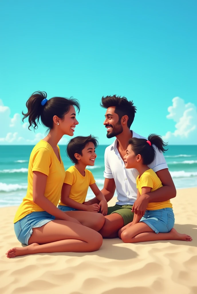 A Brazilian woman, 30 years old white, Bblack hair, sitting on the beach, wearing a yellow t-shirt and shots, with her husband wearing a white shirt, with two daughters, both in profile, showing cheerful personality. 真实感