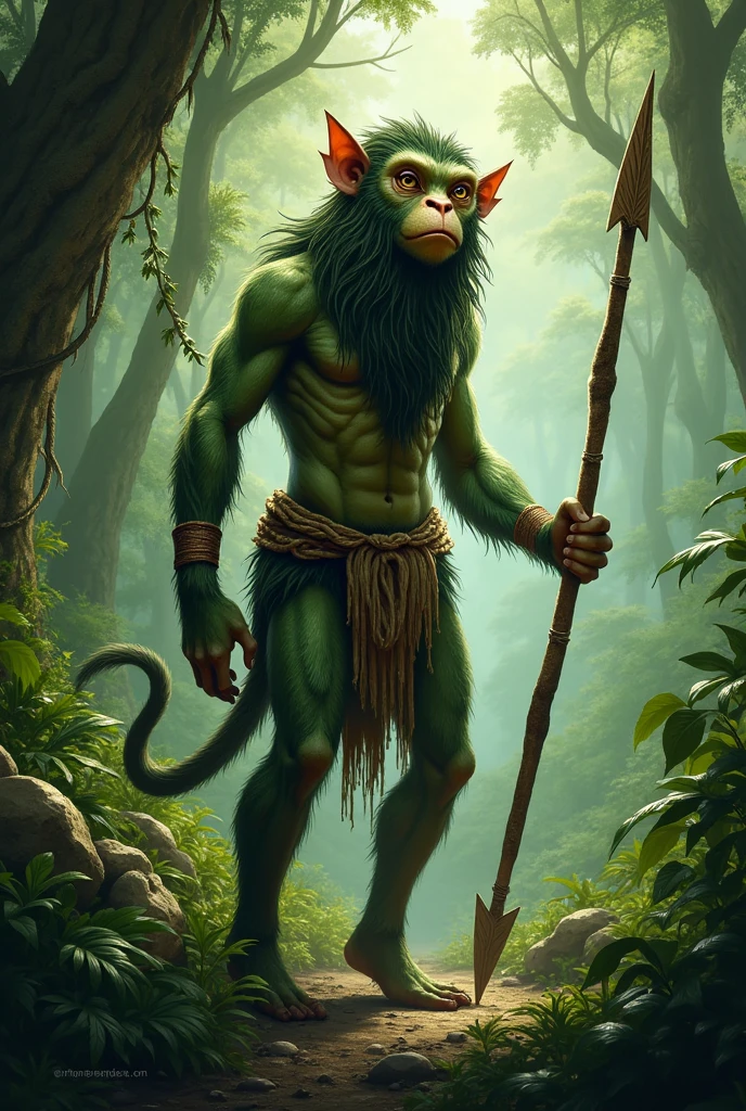 Human man in the jungle, large eyes, long wavy fur, loincloth, long arms, green skin, monkey tail and an arrow in his hand