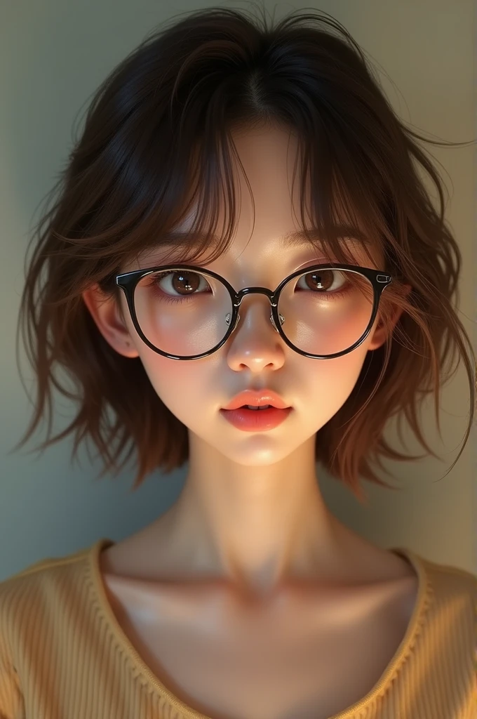 make a dwarf woman, White girl, with a little cheek, very short brown hair, big half-Chinese eyes, with glasses and obviously pretty