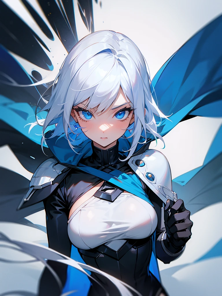 Hot girl, white hair, blue eyes, black super hero clothes, blue glove, blue cape, sexy