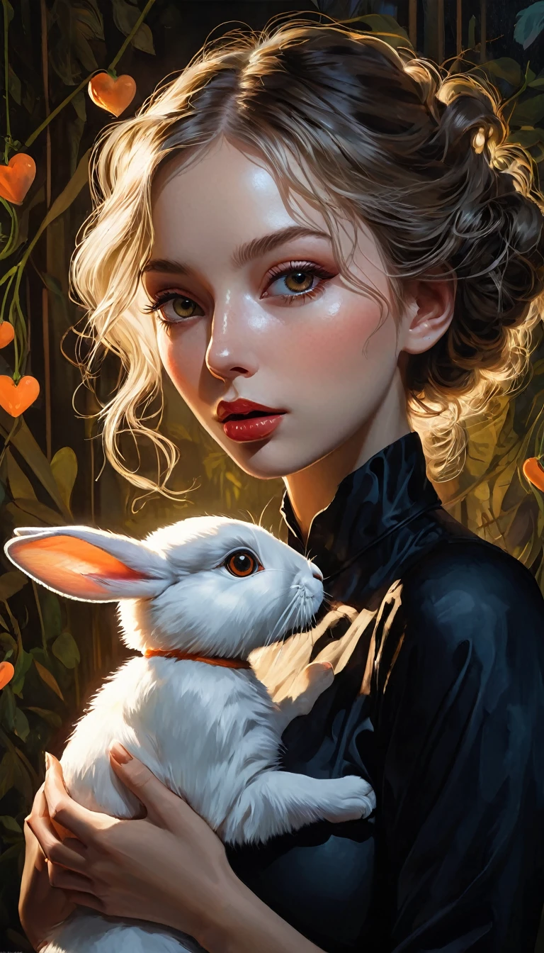 from below, e, A sexy girl holding a rabbit and feeding it carrots, Maximum facial details, Maximum detailed textures, Maximum detailed shadows, Maximum detailed backgrounds, ,full body, ,,,heart eyes, heart-shaped, shiny heart eyes,eroticism, sexy, (best quality, 4k, 8k, high resolution, masterpiece: 1.2), ultra detailed, (realistic, photorealistic), intricate details, sharp focus, professional, artwork by Dave McKean, surreal oil touch, oil painting style, portrait, woman, beautiful detailed eyes, beautiful lips detailed, dreamy atmosphere, shadow play, soft lighting, playful pose, dark tones, ethereal background, fantasy elements, texture, layered composition.