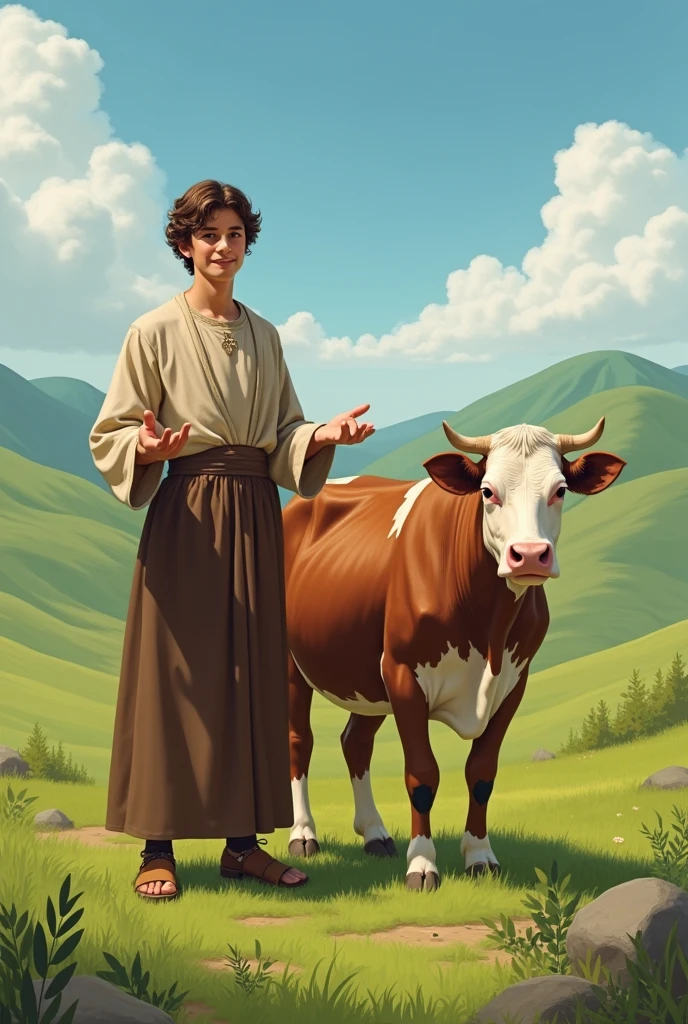 Create an image with Saint Carlo Acutis , with a cow, all drawn