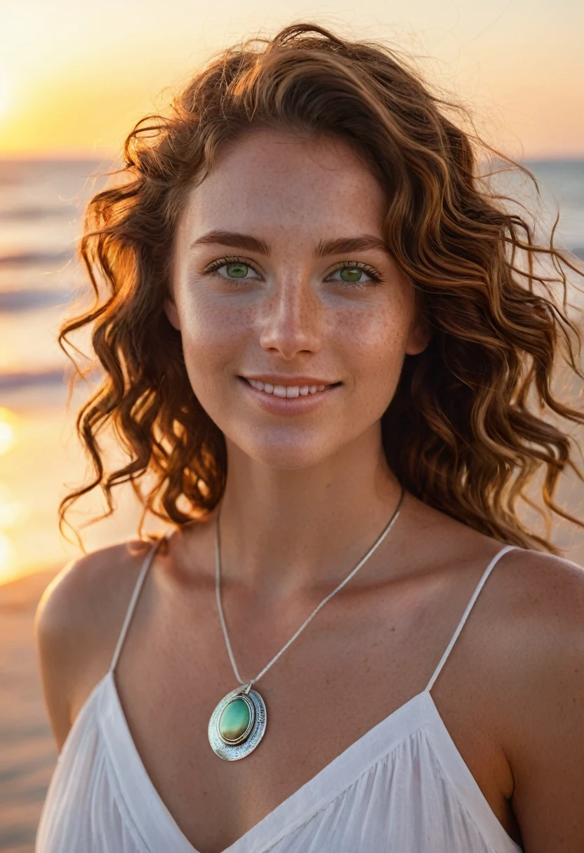 A stunning 24-year-old woman with deep green eyes and wavy chestnut brown hair stands on a sandy beach at sunset. She wears a flowing white sundress, her fair, freckled complexion glowing in the golden light. Her hair is gently tousled by the ocean breeze, and she wears her simple silver necklace with a small pendant. The scene captures her serene smile as she looks out over the ocean, with the warm hues of the sunset reflecting in her eyes."