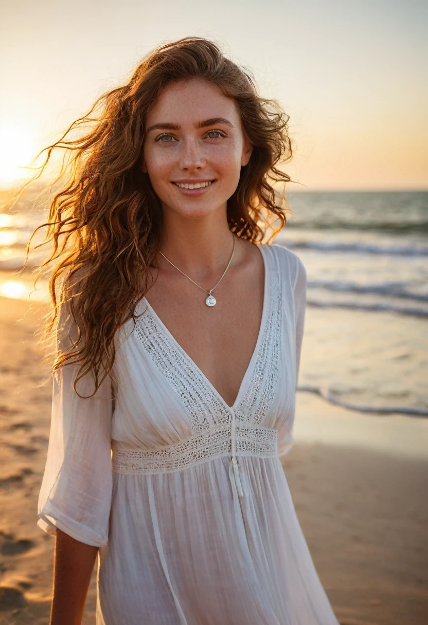 A stunning 24-year-old woman with deep green eyes and wavy chestnut brown hair stands on a sandy beach at sunset. She wears a flowing white sundress, her fair, freckled complexion glowing in the golden light. Her hair is gently tousled by the ocean breeze, and she wears her simple silver necklace with a small pendant. The scene captures her serene smile as she looks out over the ocean, with the warm hues of the sunset reflecting in her eyes."