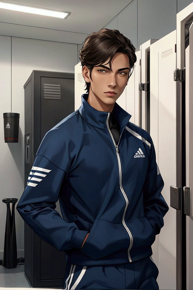 1 boy, 20 year old boy, football player, lean light brown muscular build, blue eyes, black short hair, bangs, He wears high-end sportswear,The man looks confident and determined,looking-down
