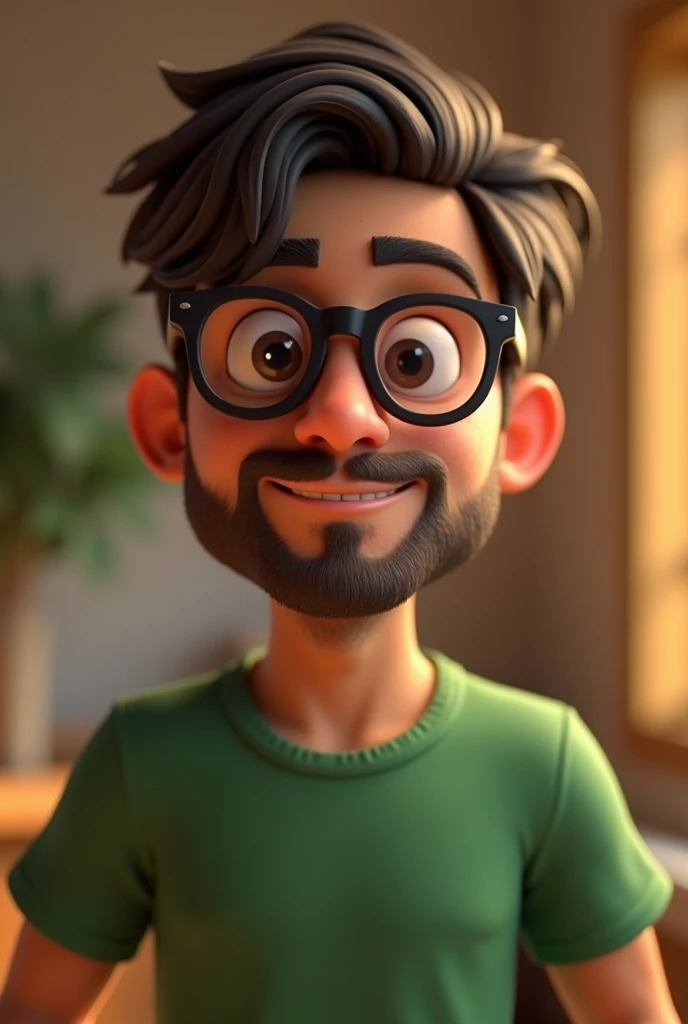 Cartoon character of a man in black glasses and a green shirt, with low beard, ,Scrawny, animation character, stylized character, animation style rendering, 3d stylized, Arnold Maya rendering, Stylized 3D rendering, toon render screenshot, 3d character, 3d character, Stylized 3D rendering, 3D character rendering, cartoon character, Personagem de close up, character posing,  (Pixar-style) (master part:1.2) (bokeh) (best qualityer) (skin detailed) (detailed texture) (8k) (Argilla) (cinematic lighting) (sharp focus)

