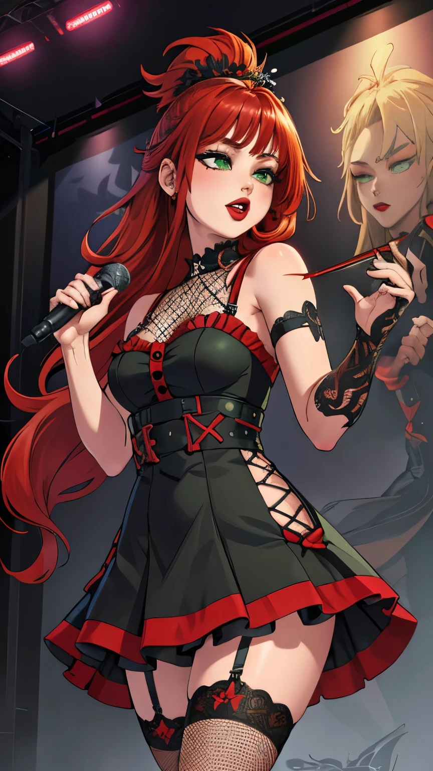 (extremely detailed CG unity 4k wallpaper),(masterpiece),(best quality),(ultra-detailed),(best illustration),(best shadow),(absurdres),(Detailed background), Red hair, Green eyes, Shoulder length hair, Pale skin, Thick thighs, Punk dress, fishnet stockings, red lipstick, black eyeshadow, Concert, singer, performer, celebrity, 