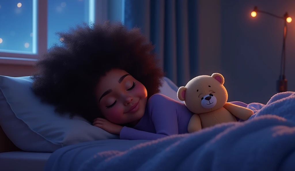 long afro hair sleeping comfortably on a bed, covered by a blanket, stuffed animal, lights on the wall, window, welcoming and comforting atmosphere, night, wonder, pixiv, pixar