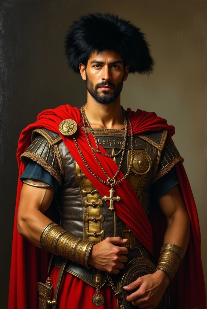 {{Masterpiece, best quality, oil painting by Moebius, by Franz von Stuck, male focus}}, the composition is: ((((dramatic portrait of a 25 year old ancient Roman guard, tan skin, magnificent, wearing a Russian fur hat, a red diamond shape pendant)))). (((((He is wearing a lorica ancient Roman uniform made of velvet and alligator leather with ronin elements, ancient Roman elements, wearing a sash, wearing hellenistic medals))))).