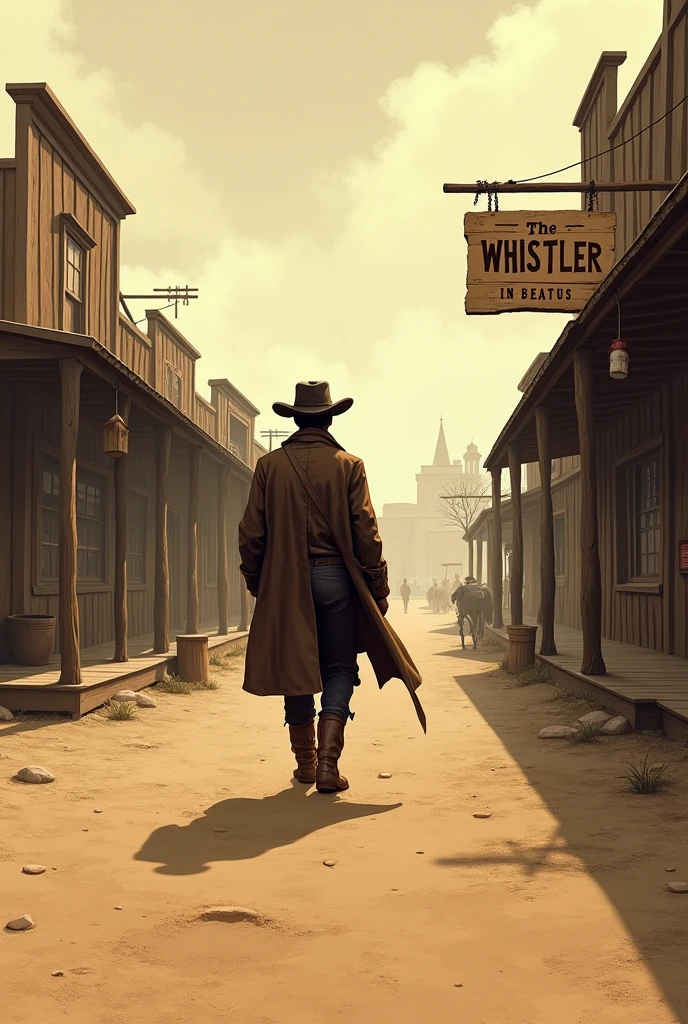 A cowboy walking through a town while whistling to himself. The store he walks by has a sign that says, “The Whistler”
