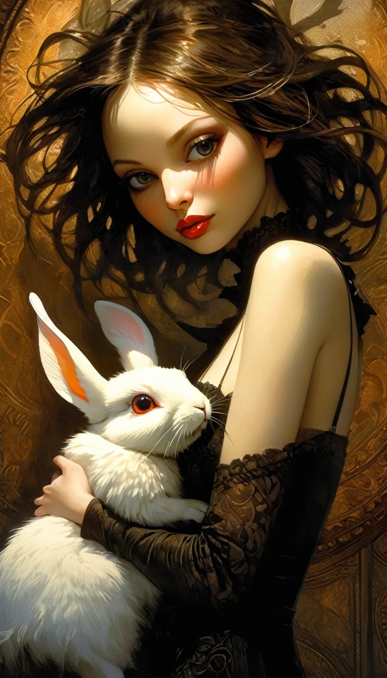 from below, e, A sexy girl holding a rabbit and feeding it carrots, Maximum facial details, Maximum detailed textures, Maximum detailed shadows, Maximum detailed backgrounds, ,full body, ,,,heart eyes, heart-shaped, shiny heart eyes,eroticism, sexy, (best quality, 4k, 8k, high resolution, masterpiece: 1.2), ultra detailed, (realistic, photorealistic), intricate details, sharp focus, professional, artwork by Dave McKean, surreal oil touch, oil painting style, portrait, woman, beautiful detailed eyes, beautiful lips detailed, dreamy atmosphere, shadow play, soft lighting, playful pose, dark tones, ethereal background, fantasy elements, texture, layered composition.
