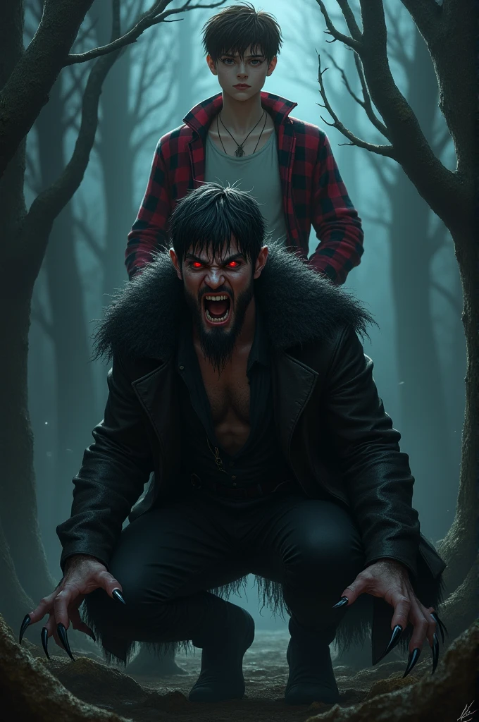 A young and attractive man with short black hair, beard of some and red eyes with claws in hands, He is wearing dark clothes and is crouching in the middle of a dark forest at night roaring while behind him is a young and attractive boy with short brown hair., brown eyes and white skin with moles wearing jeans, a basic t-shirt and over the t-shirt a red and black checkered shirt