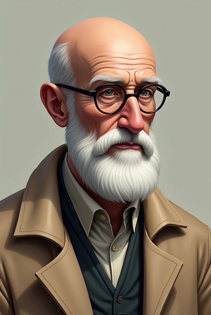 Caucasian man with white beard, calvo, bald aquiline nose,thin face round glasses dark lenses , beige jacket shirt