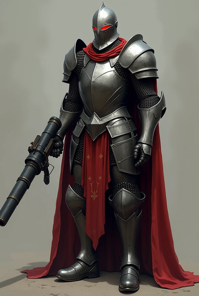Make a living medieval armor with a heavy cannon replacing its arm and a red glow where the eyes would be