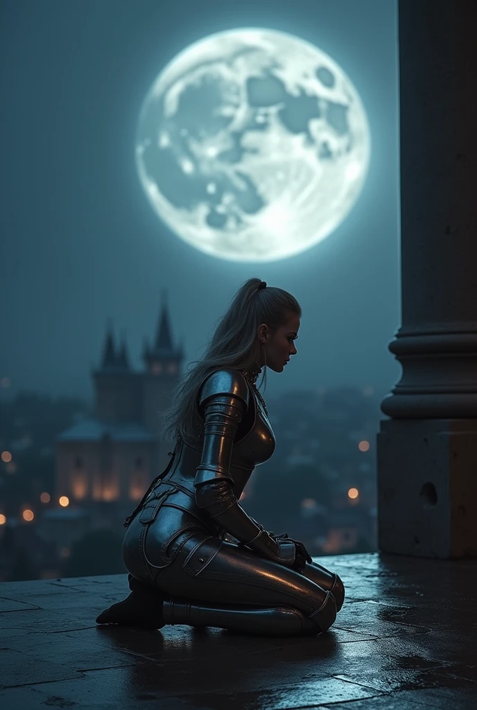 ((work of art, Maximum quality, high resolution, highly detailed 8K unified CG wallpaper)), (huge stunning photo of goddess, Very hot and sexy, jaw dropping beauty, perfect proportions, Body cute, Slim Body Beauty:1.3),  Confession in the moonlight, On the balcony of an old castle at night, a female knight crouches on one knee and looks at you, A female knight in medieval armor, one knee squat, administers the knight&#39;s oath for you, a huge full moon in the background, back lighting, hands on her chest as she offers him the knight&#39;s oath, silver armor shining in the moonlight,