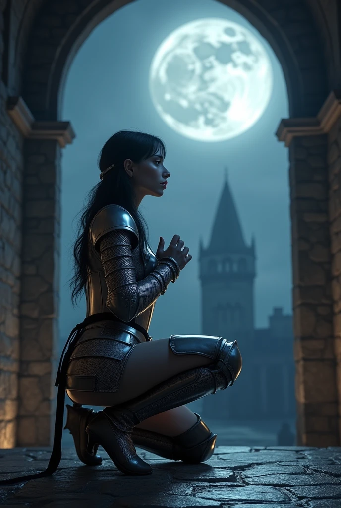 ((work of art, Maximum quality, high resolution, highly detailed 8K unified CG wallpaper)), (huge stunning photo of goddess, Very hot and sexy, jaw dropping beauty, perfect proportions, Body cute, Slim Body Beauty:1.3),  Confession in the moonlight, On the balcony of an old castle at night, a female knight crouches on one knee and looks at you, A female knight in medieval armor, one knee squat, administers the knight&#39;s oath for you, a huge full moon in the background, back lighting, hands on her chest as she offers him the knight&#39;s oath, silver armor shining in the moonlight,