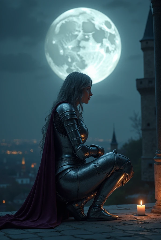 ((work of art, Maximum quality, high resolution, highly detailed 8K unified CG wallpaper)), (huge stunning photo of goddess, Very hot and sexy, jaw dropping beauty, perfect proportions, Body cute, Slim Body Beauty:1.3),  Confession in the moonlight, On the balcony of an old castle at night, a female knight crouches on one knee and looks at you, A female knight in medieval armor, one knee squat, administers the knight&#39;s oath for you, a huge full moon in the background, back lighting, hands on her chest as she offers him the knight&#39;s oath, silver armor shining in the moonlight,