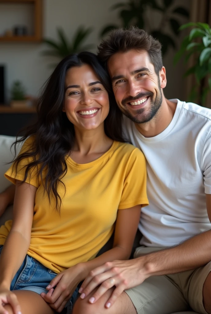 A Brazilian woman, 30 years old white, Bblack hair, sitting on the couch, wearing a yellow t-shirt and shots, with her husband wearing a white shirt, nearby faces, showing cheerful personality. 真实感