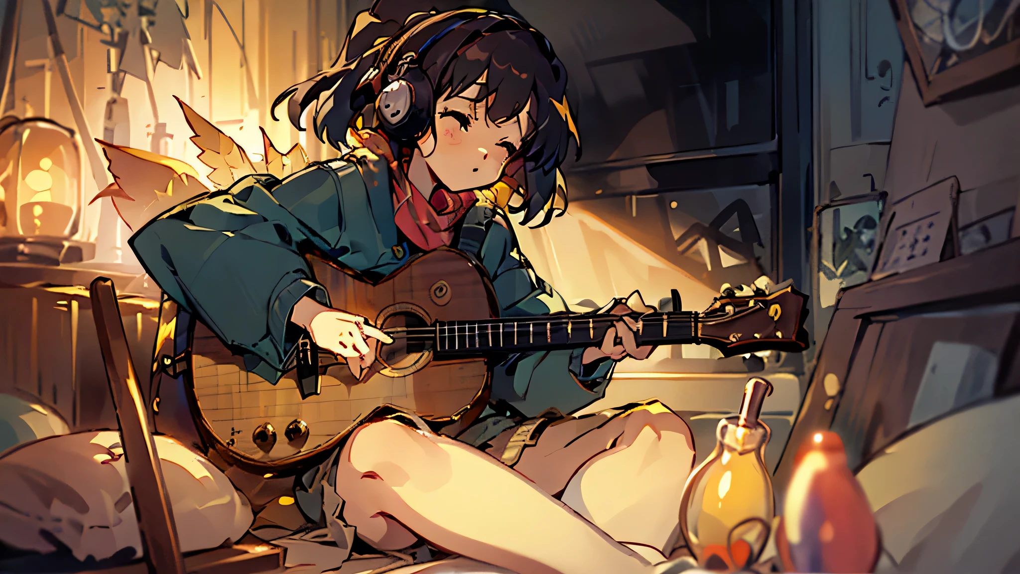 Imagine a cozy, dimly lit room with vintage band posters on the walls, creating a laid-back, nostalgic vibe. A musician sits on the edge of a bed, gently strumming an electric guitar, while a soft lo-fi beat plays in the background. The warm glow of a lava lamp and fairy lights adds a calming atmosphere, and the sound of rain tapping against the window complements the soothing rock melodies. Vinyl records and a cup of coffee rest nearby, completing the scene. This chill mix of rock and lo-fi creates the perfect setting for relaxation and inspiration on your YouTube channel.