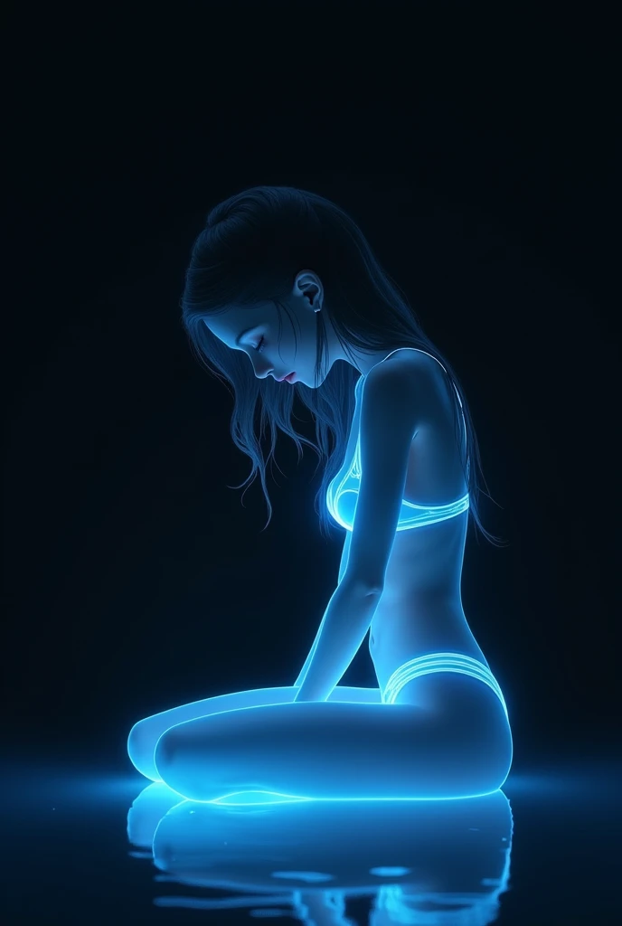 beautiful girl, bikini, sitting on her knees, looking down, there is complete darkness around, on the floor is her reflection, the girl is glowing with bluish light, she is translucent, videogame style