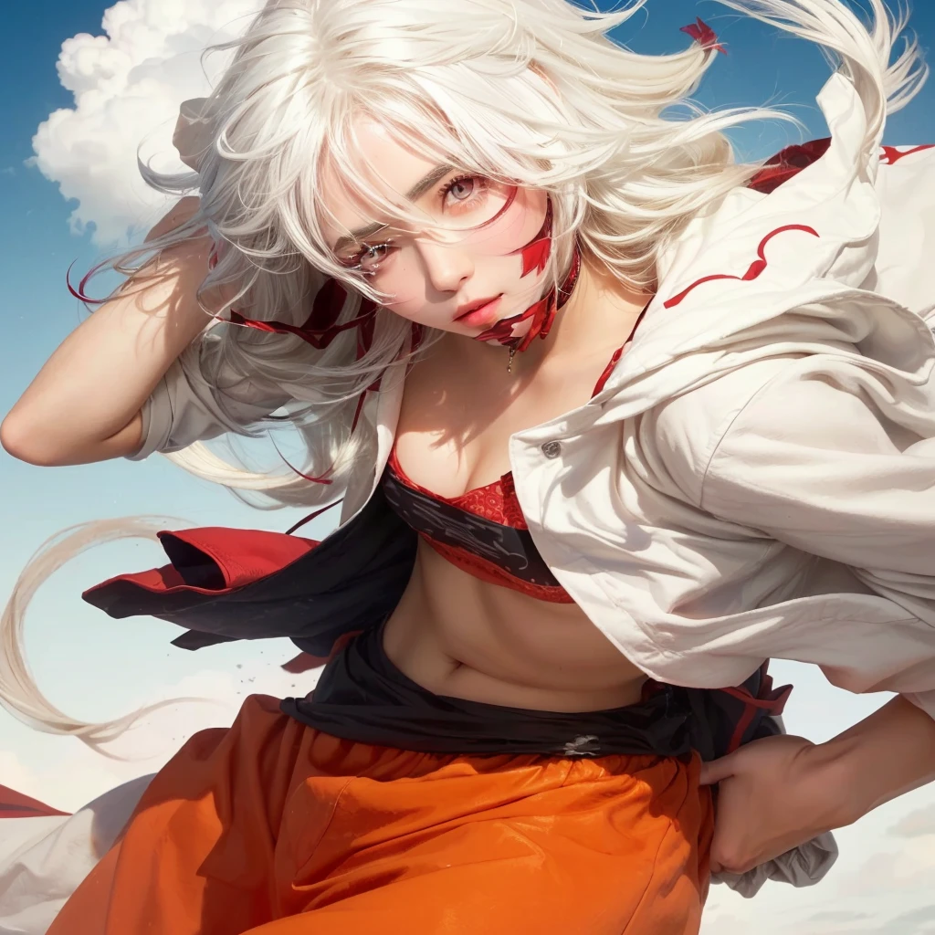 A beautifull girl with white hair and red eyes holding a thunder on the sky