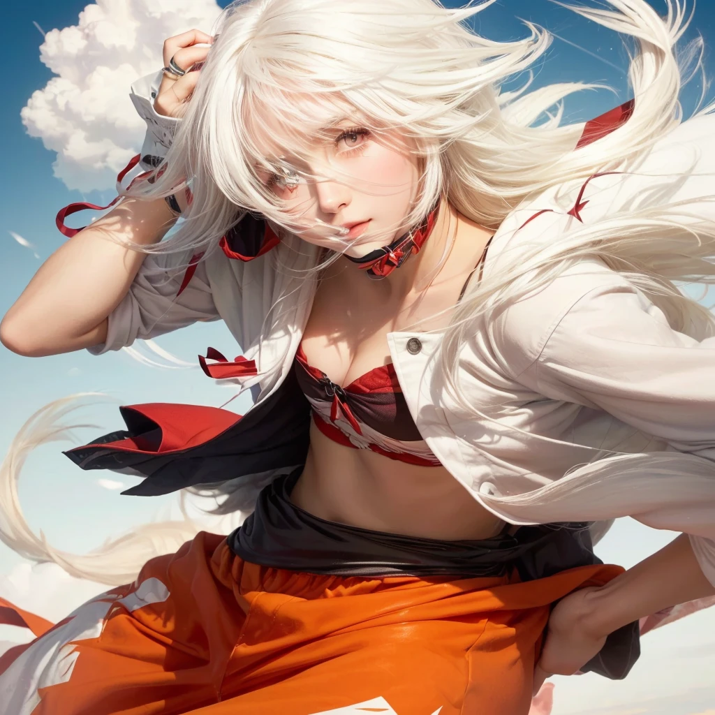 A beautifull girl with white hair and red eyes holding a thunder on the sky