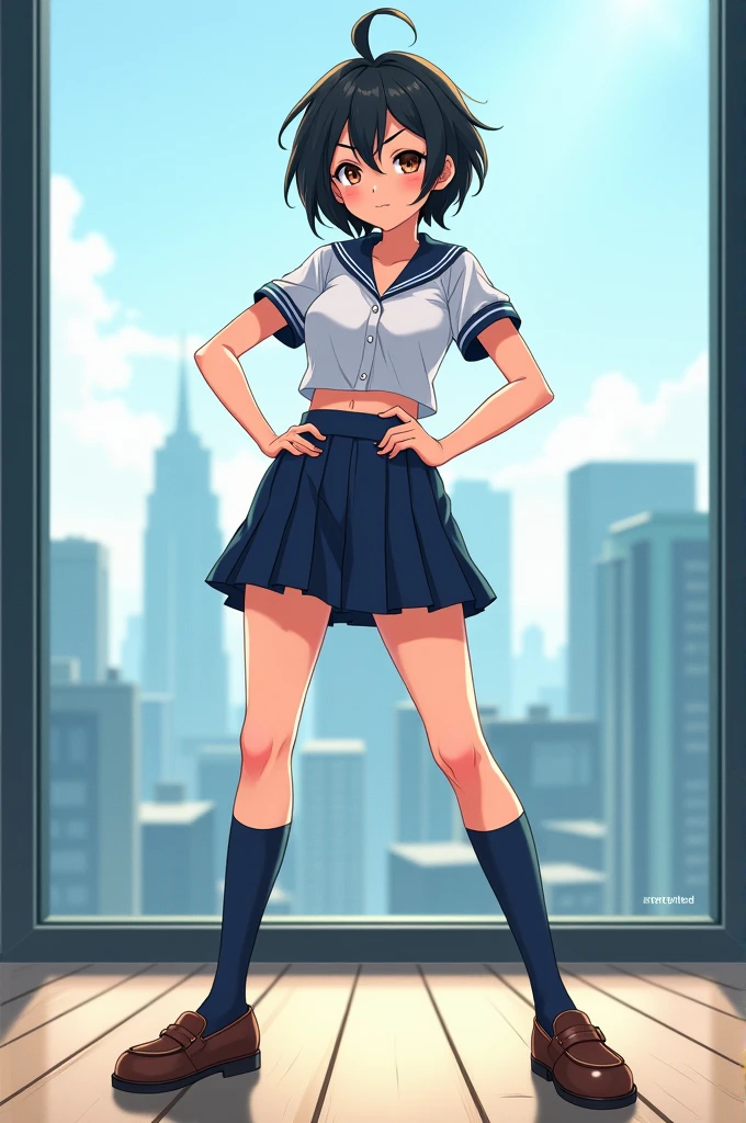 tomboy anime girl, with revealing and sexy school uniform, posing in a window.