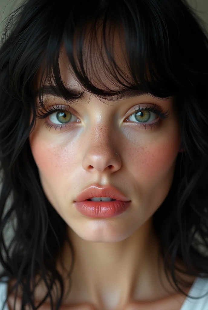 a women with fair skin, pure green eyes ,pink full lips button nose,jet black hair, siren eyes long eyelashes
