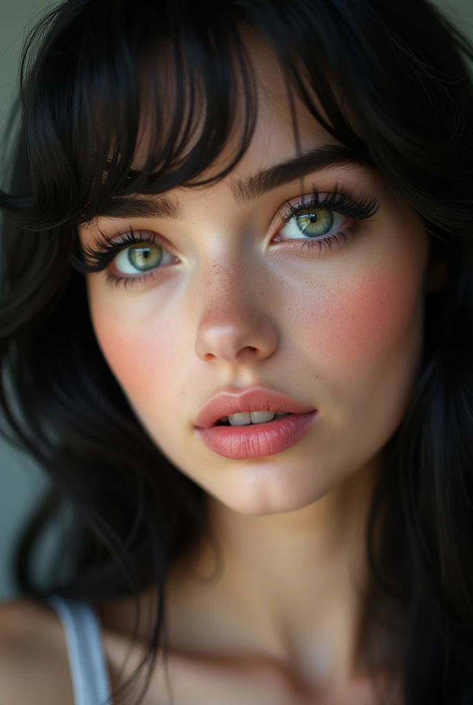 a women with fair skin, pure green eyes ,pink full lips button nose,jet black hair, siren eyes long eyelashes
