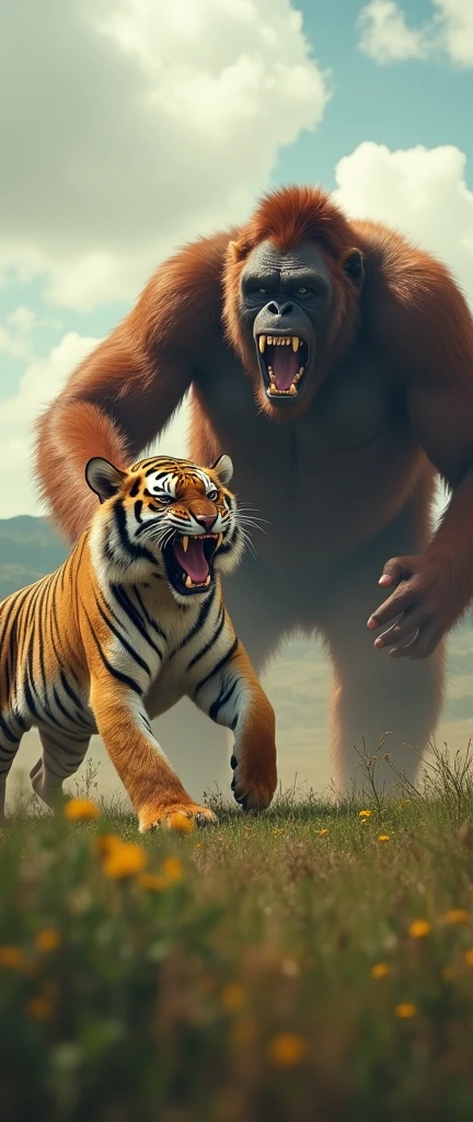 create a realistic image of a wide hill, it will have a giant orangutan fighting a Bengal tiger, Both must have an angry expression as they attack each other.