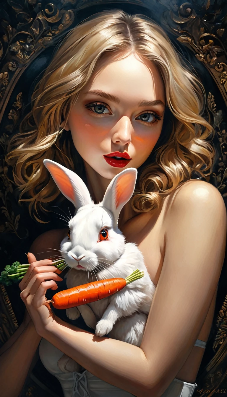 from below, e, A sexy girl holding a rabbit and feeding it carrots, Maximum facial details, Maximum detailed textures, Maximum detailed shadows, Maximum detailed backgrounds, ,full body, ,,,heart eyes, heart-shaped, shiny heart eyes,eroticism, sexy, (best quality, 4k, 8k, high resolution, masterpiece: 1.2), ultra detailed, (realistic, photorealistic), intricate details, sharp focus, professional, artwork by Dave McKean, surreal oil touch, oil painting style, portrait, woman, beautiful detailed eyes, beautiful lips detailed, dreamy atmosphere, shadow play, soft lighting, playful pose, dark tones, ethereal background, fantasy elements, texture, layered composition.