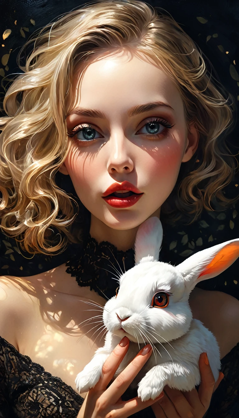 from below, e, A sexy girl holding a rabbit and feeding it carrots, Maximum facial details, Maximum detailed textures, Maximum detailed shadows, Maximum detailed backgrounds, ,full body, ,,,heart eyes, heart-shaped, shiny heart eyes,eroticism, sexy, (best quality, 4k, 8k, high resolution, masterpiece: 1.2), ultra detailed, (realistic, photorealistic), intricate details, sharp focus, professional, artwork by Dave McKean, surreal oil touch, oil painting style, portrait, woman, beautiful detailed eyes, beautiful lips detailed, dreamy atmosphere, shadow play, soft lighting, playful pose, dark tones, ethereal background, fantasy elements, texture, layered composition.