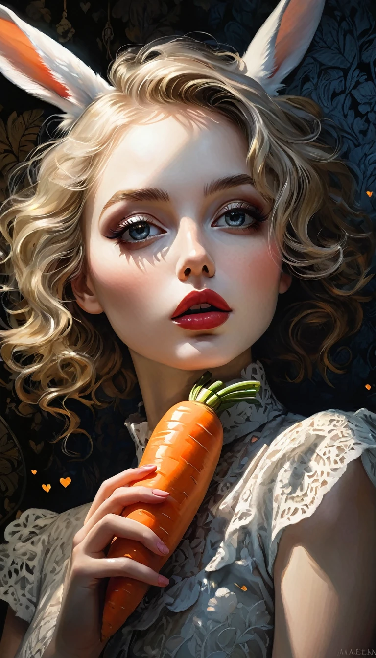 from below, e, A sexy girl holding a rabbit and feeding it carrots, Maximum facial details, Maximum detailed textures, Maximum detailed shadows, Maximum detailed backgrounds, ,full body, ,,,heart eyes, heart-shaped, shiny heart eyes,eroticism, sexy, (best quality, 4k, 8k, high resolution, masterpiece: 1.2), ultra detailed, (realistic, photorealistic), intricate details, sharp focus, professional, artwork by Dave McKean, surreal oil touch, oil painting style, portrait, woman, beautiful detailed eyes, beautiful lips detailed, dreamy atmosphere, shadow play, soft lighting, playful pose, dark tones, ethereal background, fantasy elements, texture, layered composition. 