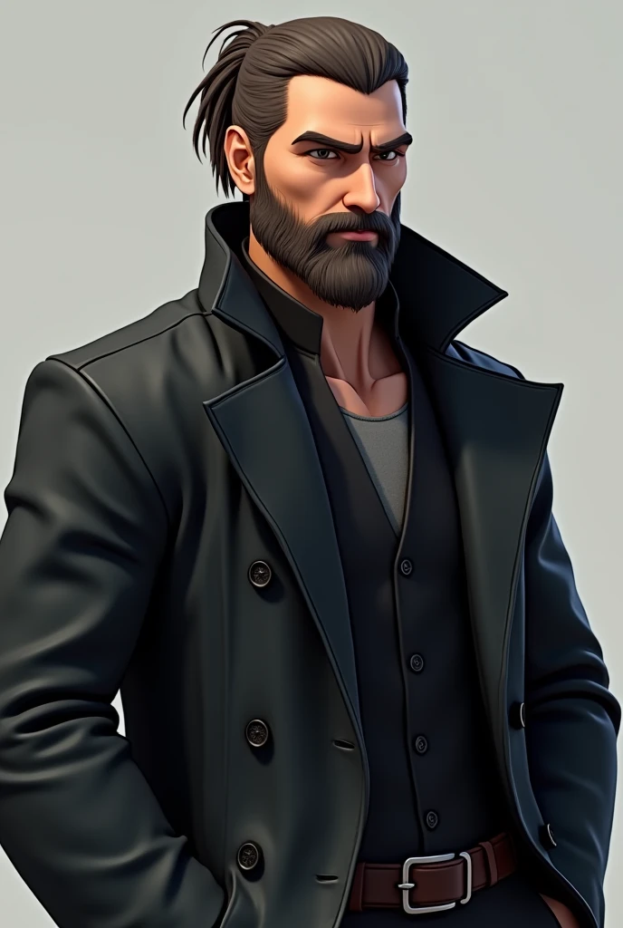 Spawns a male mercenary in a black trench coat, that has her hair tied in a ponytail, that he has a full beard and that he does not have weapons. That the drawing style that you generate is similar to the 3D animation of the animated series What If