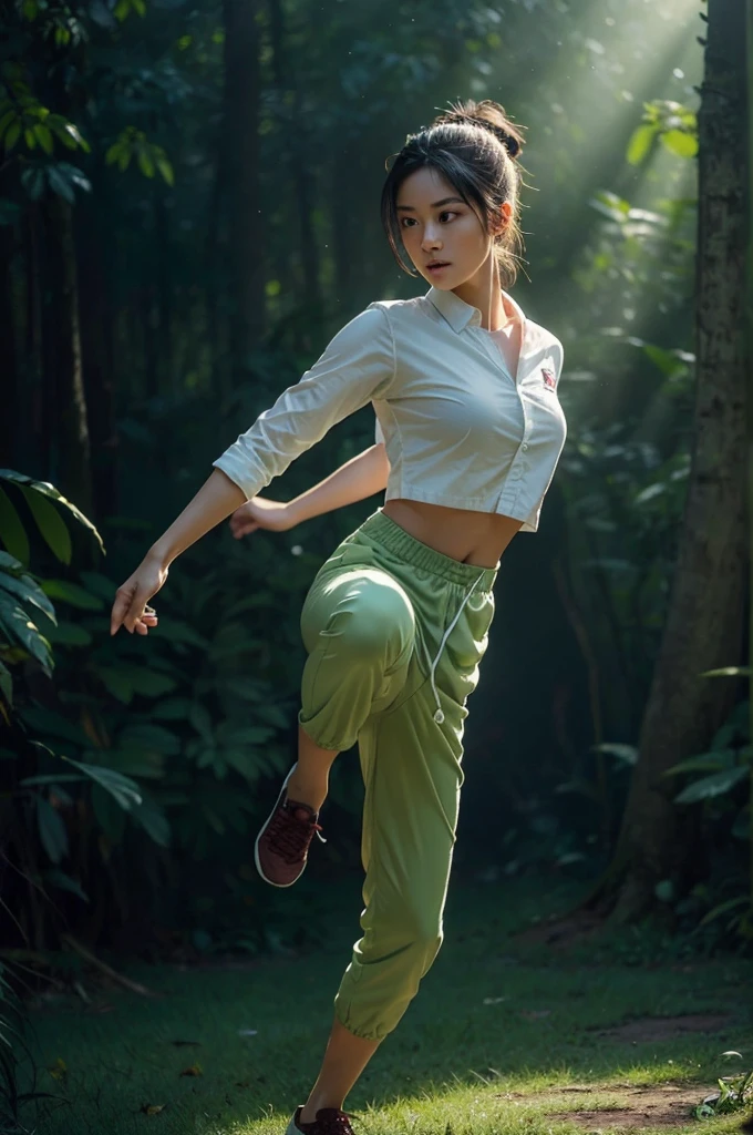 A dynamic scene featuring a gorgeous Asian woman with her hair in a bun, dressed in a karate uniform and pants, captured mid-air as she performs a powerful kick. The composition is set in a golden ratio with a wide-angle view emphasizing her athleticism and the surrounding environment. The scene exudes a sense of determination as her expression reflects intense focus. The background showcases a lush, green forest, with volumetric lighting creating a mystical atmosphere, enhanced by the Tyndall effect. The shot is rendered with octane render in cinematic style, highlighting the intricate details of her form and the environment in 8K ultra HD resolution, resulting in an epic, visually stunning image.