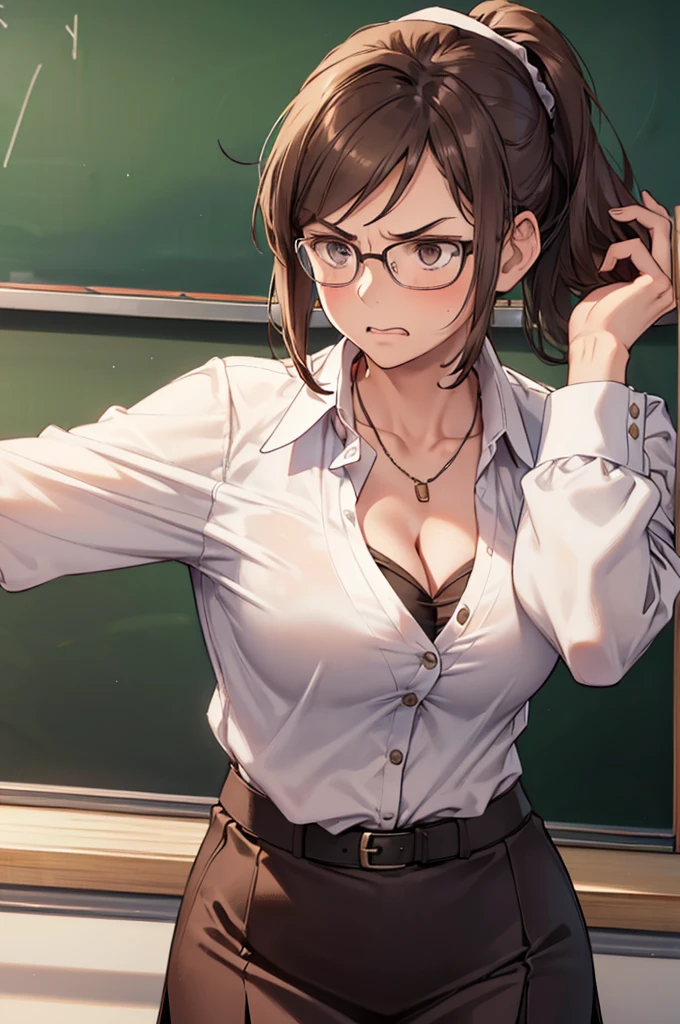 ponytail,(Cleavage), ((((((teacher, adult woman)))))), (((solo))), brown hair, suit, shirt, (((look down))), angry, (((whip))), brown skirt,