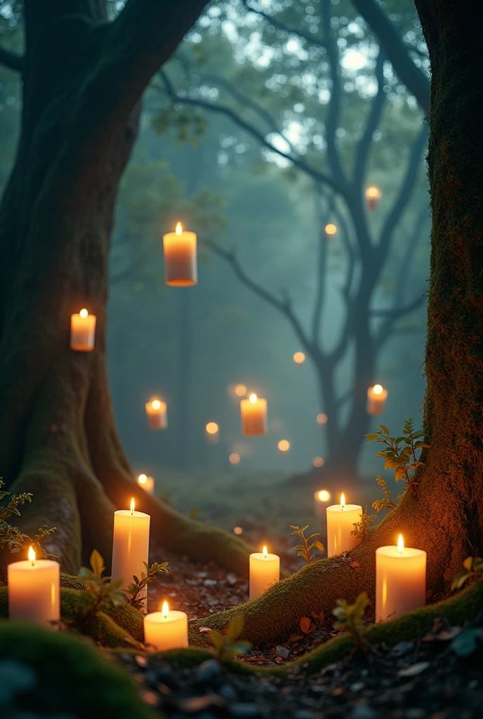 Floating candles in a forest