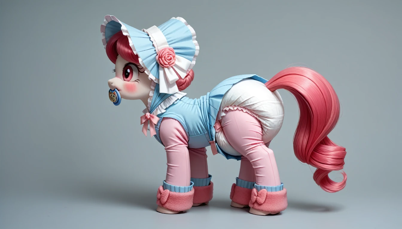 pony, бежевая земная pony, no horn, no wings, adult mare, stands on four hooves, rear hooves spread wide apart, dressed in bodysuit, bonnet and booties, pacifier in mouth, solo, thick diaper under clothes, pink blush on cheeks, Embarrassment, Awkwardness. 