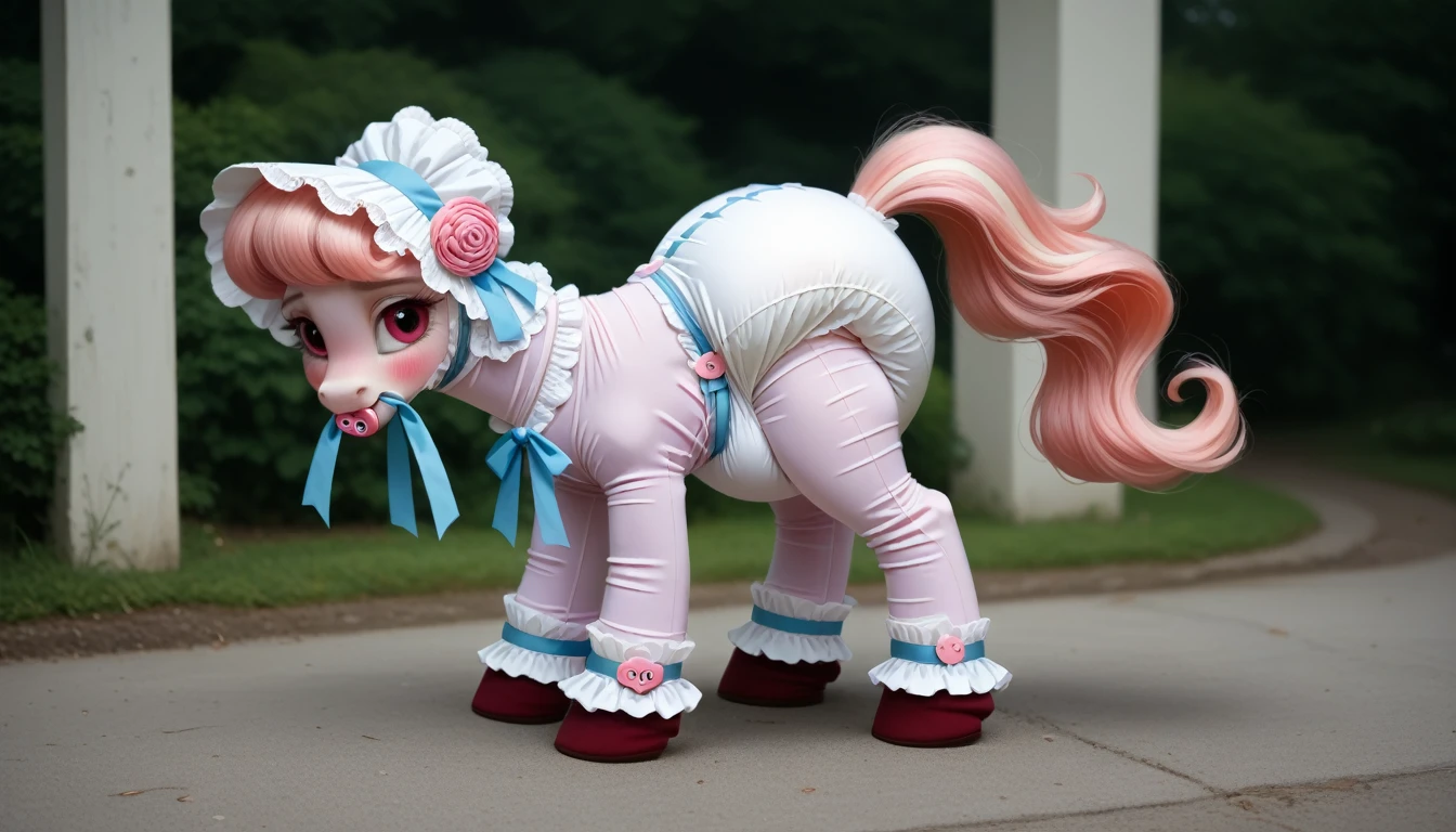 pony, бежевая земная pony, no horn, no wings, adult mare, stands on four hooves, rear hooves spread wide apart, dressed in bodysuit, bonnet and booties, pacifier in mouth, solo, thick diaper under clothes, pink blush on cheeks, Embarrassment, Awkwardness. 