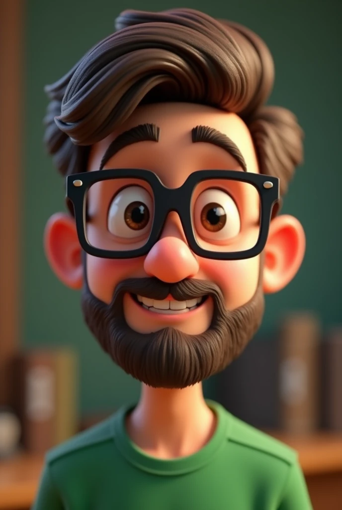 Cartoon character of a man wearing square black glasses, and green shirt, with low beard, ,Scrawny, animation character, stylized character, animation style rendering, 3d stylized, Arnold Maya rendering, Stylized 3D rendering, toon render screenshot, 3d character, 3d character, Stylized 3D rendering, 3D character rendering, cartoon character, Personagem de close up, character posing, (Pixar-style) (master part:1.2) (bokeh) (best qualityer) (skin detailed) (detailed texture) (8k) (Argilla) (cinematic lighting) (sharp focus)