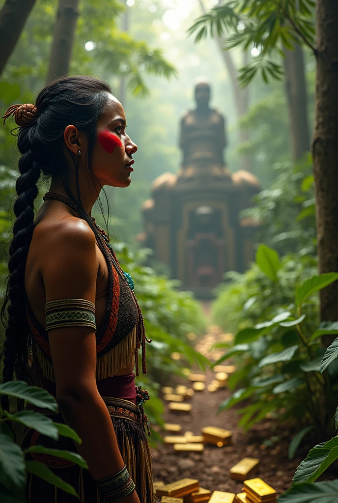 Yarikazu Xipaia indigenous woman with red indigenous eye paint in the forest looking at the Federal Reserve Bank of New York with gold bars underground