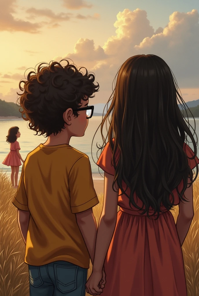 a couple, the boy with glasses and curly hair and the girl with long hair and a girl in the distance with dark skin and straight hair
