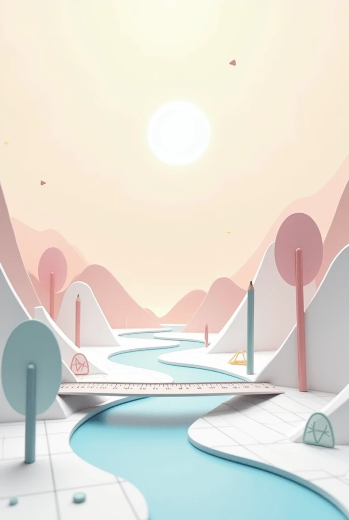 Visualize a minimalist, borderless world constructed entirely from school supplies. The landscape is sleek and clean, with soft gradients and subtle colors. The hills are gently rolling mounds made from smooth, unmarked erasers, blending seamlessly into the background.
In this world, trees are represented by simple, elongated pencils, standing upright with no defined edges, their bodies tapering into the horizon. Instead of leaves, the trees have abstract, circular forms made from translucent protractors, hovering delicately above the pencil trunks.
The sky is a soft, gradient wash of pastel colors, with a faint compass shape glowing as the sun. The ground is a seamless stretch of paper-white, with only faint grid lines suggesting the presence of graph paper underfoot.
A river flows through this landscape as a thin, smooth line of blue ink, barely distinguishable from the surrounding terrain. Paperclip bridges arch over the river with elegant simplicity, their forms reduced to minimalist curves.
Mountains in the distance are composed of thin, stacked sheets of notebook paper, their layers barely noticeable but creating a gentle, wave-like texture. Scattered throughout the scene are small, geometric shapes made from rulers and triangles, their sharpness softened by the lack of defined borders.
This world is calm and serene, where school supplies are stripped down to their essential forms, creating a harmonious, borderless environment that feels both modern and timeless.