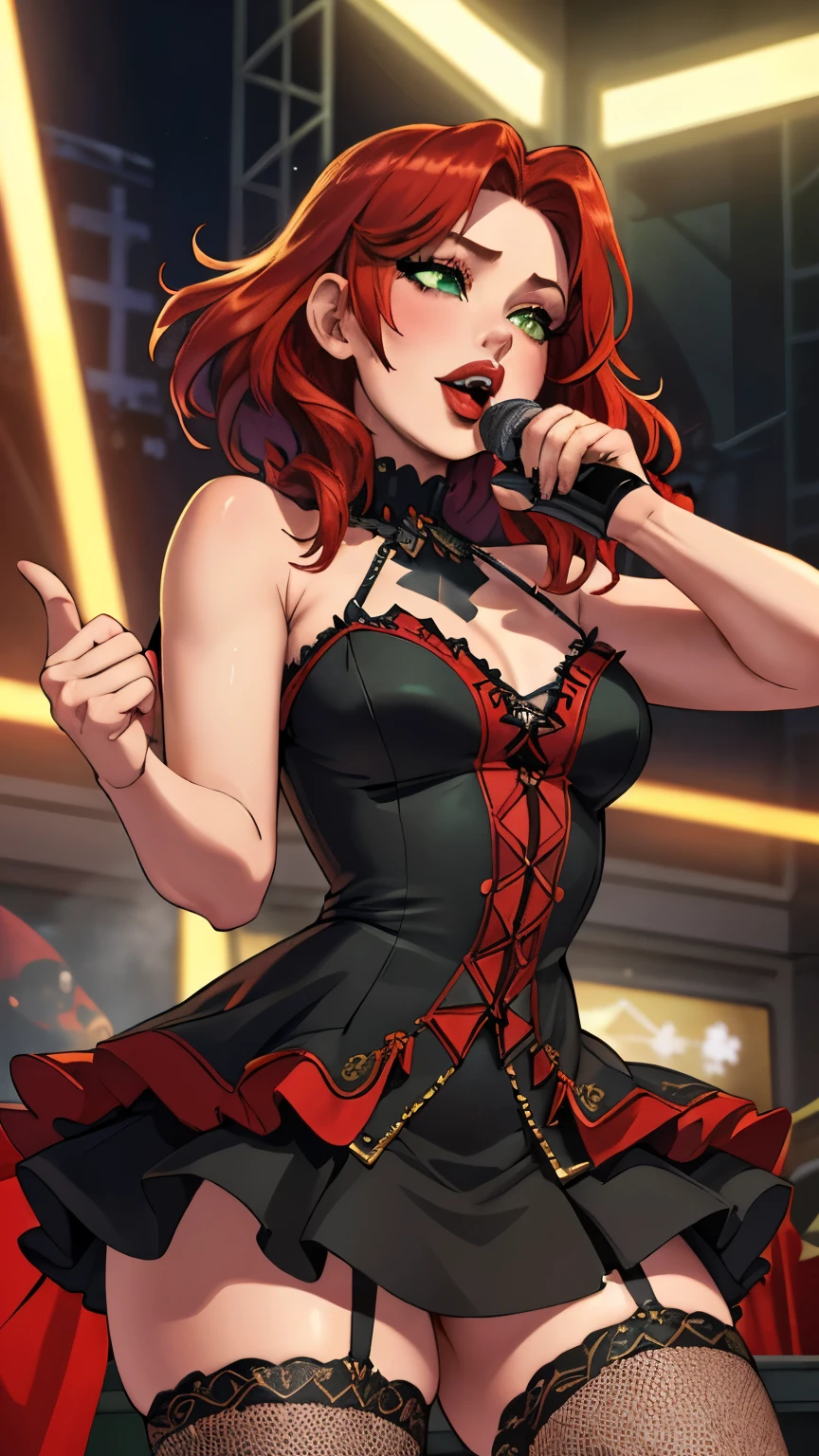 (extremely detailed CG unity 4k wallpaper),(masterpiece),(best quality),(ultra-detailed),(best illustration),(best shadow),(absurdres),(Detailed background), Red hair, Green eyes, Shoulder length hair, Pale skin, Thick thighs, pop star dress, fishnet stockings, red lipstick, black eyeshadow, Concert, singer, performer, celebrity, 