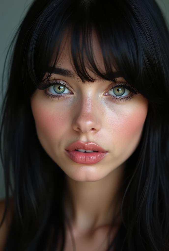 a women with fair skin, pure green eyes ,pink full lips button nose,jet black hair, siren eyes long eyelashes,straight silky hair