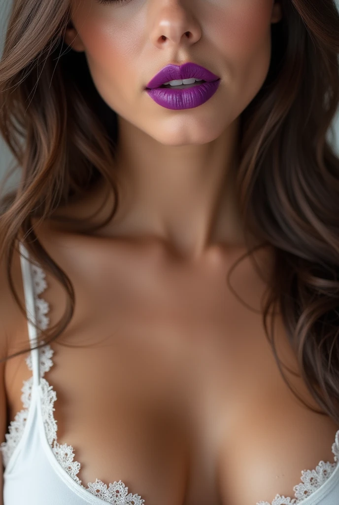 Young woman, big lips, violet matte lipstick, Shine, reflection, big breasts, high detail ,ultra quality, mascara, eyelashes, drops, white top, nipples, no bra